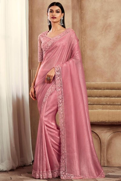 Peach Silk Hand Embroidered Bordered Saree