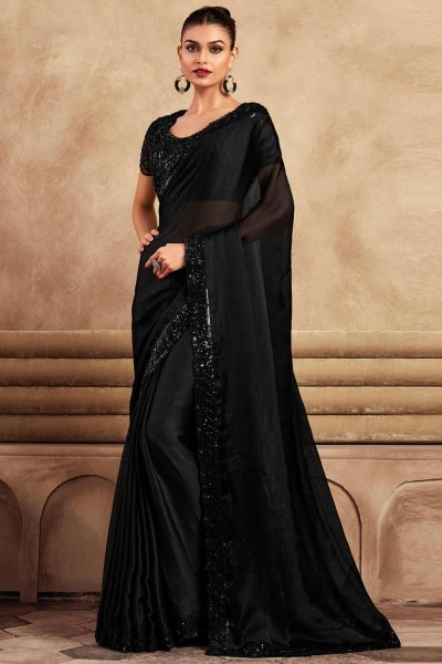 Black Chiffon Hand Embroidered Bordered Saree