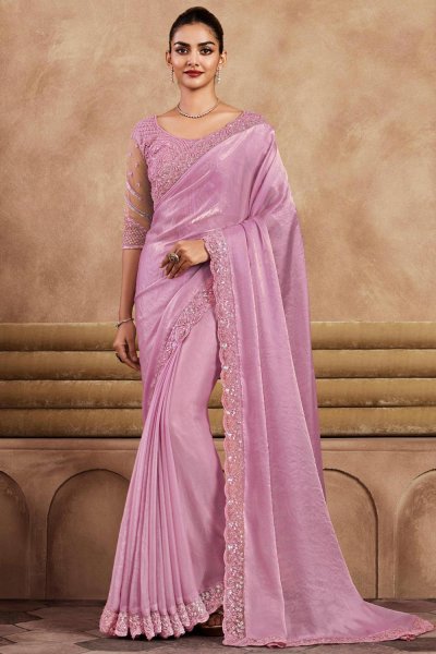 Light Pink Silk Hand Embroidered Bordered Saree