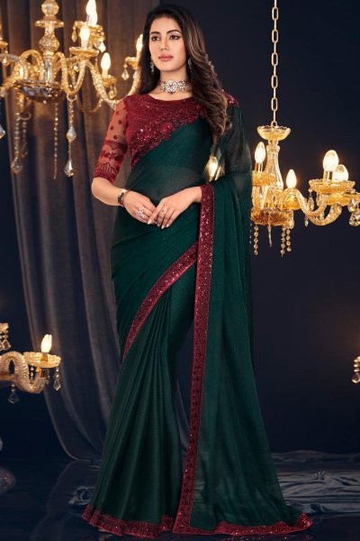 Bottle Green Georgette Embroidered Bordered Saree