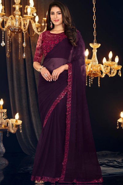 Plum Purple Georgette Embroidered Bordered Saree