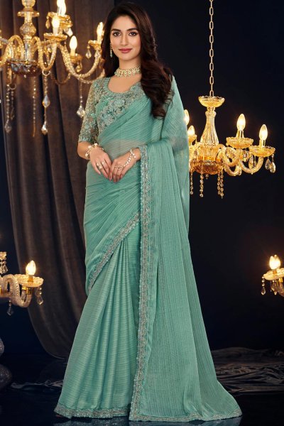 Aqua Green Georgette Embroidered Bordered Saree