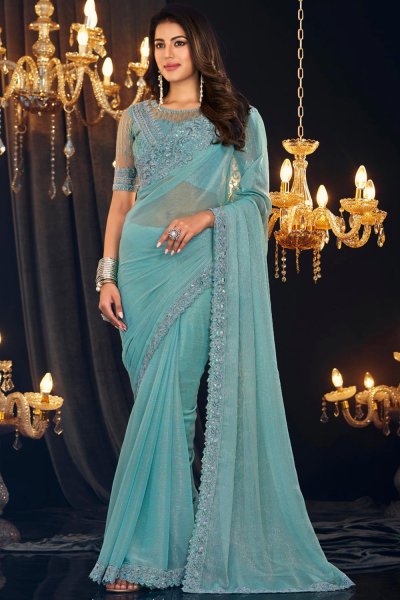 Sky Blue Georgette Embroidered Bordered Saree