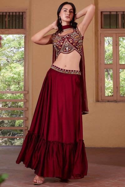 Maroon Georgette Embroidered Indo-Western Lehenga Set