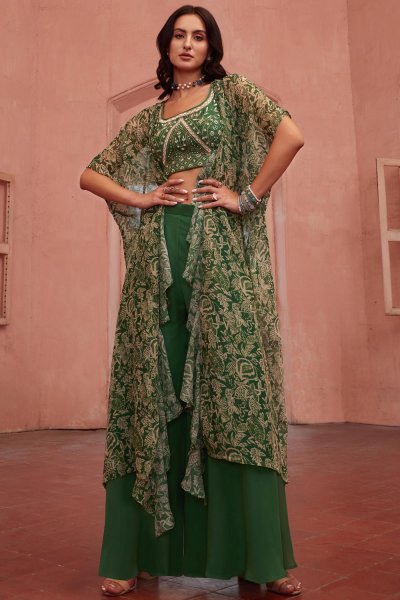 Green Georgette Embroidered Indo-Western 3 Piece Attire