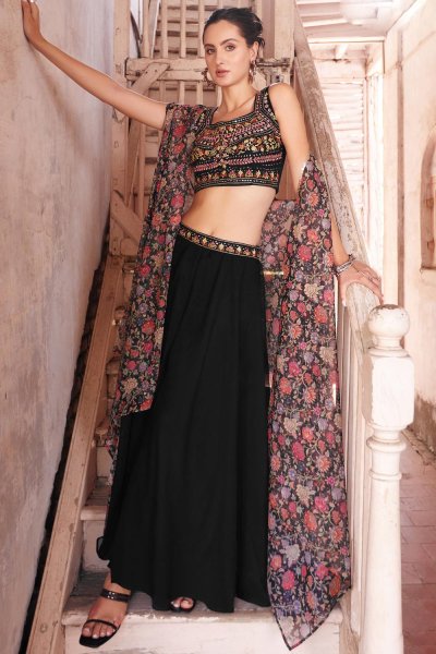 Black & Multicolor Georgette Printed & Embroidered Indo-Western 3 Piece Attire