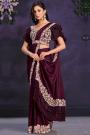 Pre-Draped Maroon Crepe Satin Silk Embroidered Designer Saree With Belt