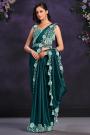 Pre-Draped Teal Green Crepe Satin Silk Embroidered Designer Saree With Belt