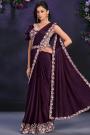 Pre-Draped Plum Purple Crepe Satin Silk Embroidered Designer Saree With Belt