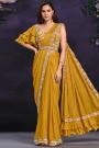 Pre-Draped Mustard Crepe Satin Silk Embroidered Designer Saree With Belt