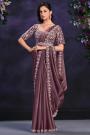 Pre-Draped Mauve Crepe Satin Silk Embroidered Designer Saree With Belt