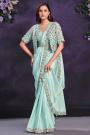 Pre-Draped Aqua Blue Crepe Satin Silk Embroidered Designer Saree With Belt & Jacket