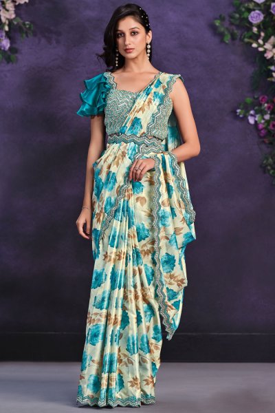 Pre-Draped Ivory & Blue Satin Silk Printed & Embroidered Designer Saree With Belt