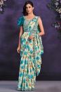 Pre-Draped Ivory & Blue Satin Silk Printed & Embroidered Designer Saree With Belt