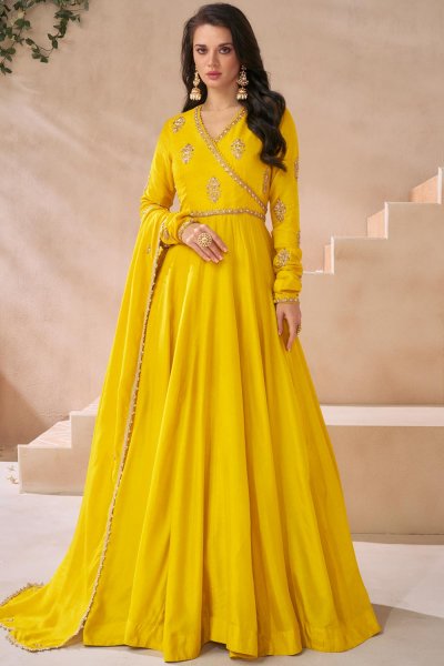 Yellow Silk Embroidered Anarkali Dress With Dupatta