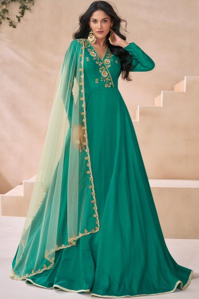 Teal Green Silk Embroidered Anarkali Dress With Dupatta