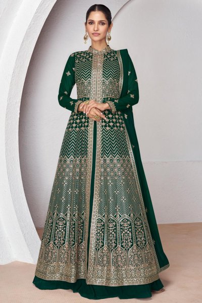 Bottle Green Georgette Embroidered Anarkali With Skirt