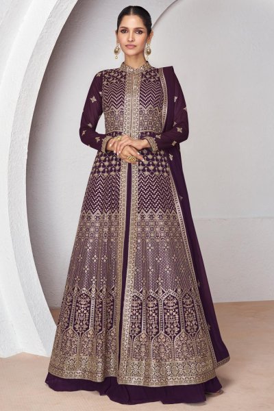 Plum Purple Georgette Embroidered Anarkali With Skirt