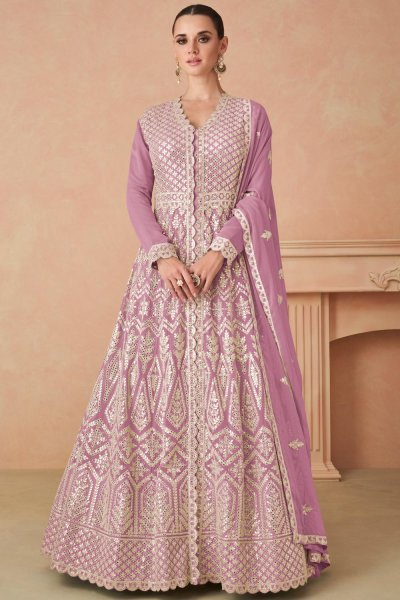 Lilac Pink Georgette Embroidered Anarkali With Skirt