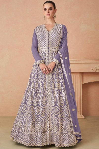 Lavender Georgette Embroidered Anarkali With Skirt