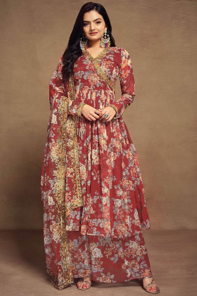 Red Chiffon Printed & Embroidered Anarkali Dress