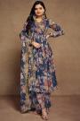 Navy Blue Chiffon Printed & Embroidered Anarkali Dress