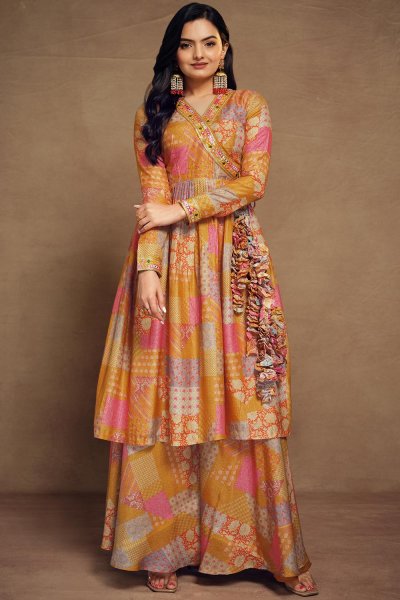 Mustard & Multicolor Soft Muslin Printed & Embroidered Anarkali Dress With Dupatta