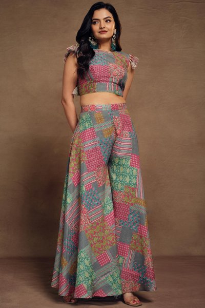 Multicolor Soft Muslin Printed 2 Piece Co-ord Set with Handmade Tassels