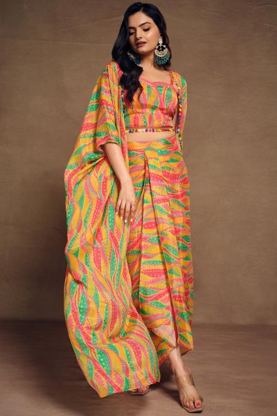 Mustard & Multicolor Chinon Silk Printed & Embroidered 3 Piece Attire