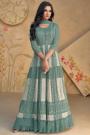 Teal Georgette Printed & Embroidered Anarkali Dress With Dupatta