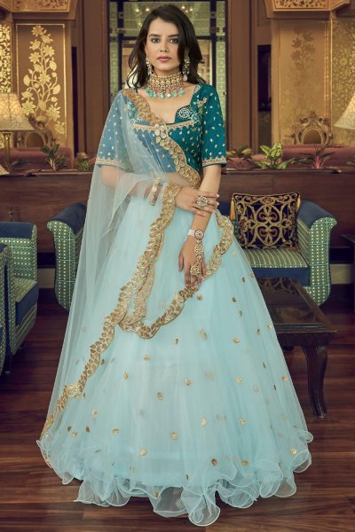 Soft Blue Net Embroidered Lehenga Set