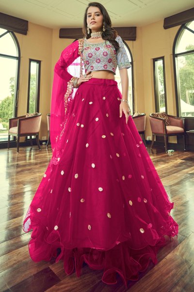 Cherry Red Net Embroidered Lehenga Set