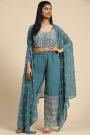 Dusty Teal Georgette Embroidered Indo-Western 3 Piece Attire