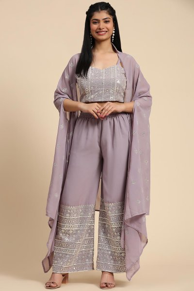 Lilac Georgette Embroidered Indo-Western 3 Piece Attire