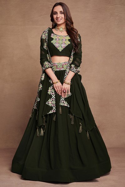 Fern Green Georgette Embroidered Lehenga Set