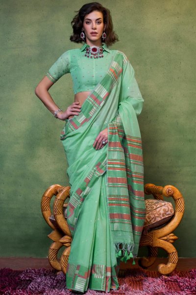 Mint Handwoven Spun Cotton Sarees