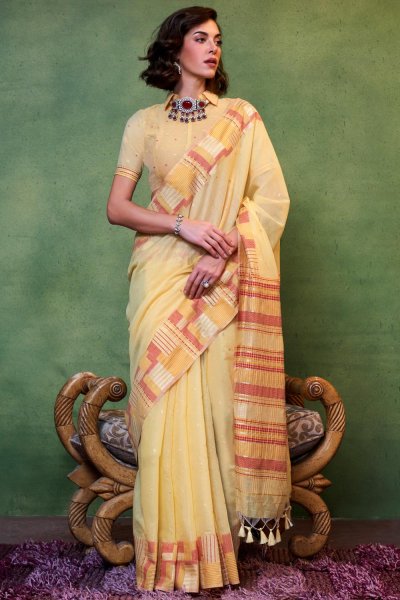 Light Yellow Handwoven Spun Cotton Sarees