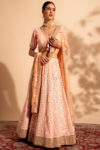 Peach Georgette Embroidered Lehenga Set