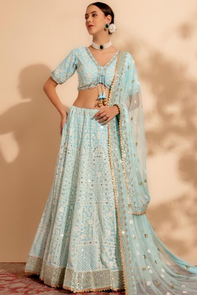 Sky Blue Georgette Embroidered Lehenga Set