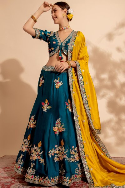 Prussian Blue Organza Silk Embroidered Lehenga Set