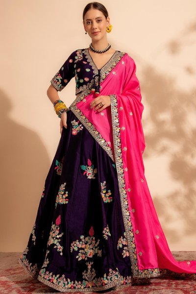 Deep Purple Organza Silk Embroidered Lehenga Set