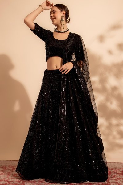 Black Net Hand Embroidered Lehenga Set