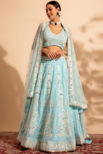 Light Blue Georgette Embroidered Lehenga Set