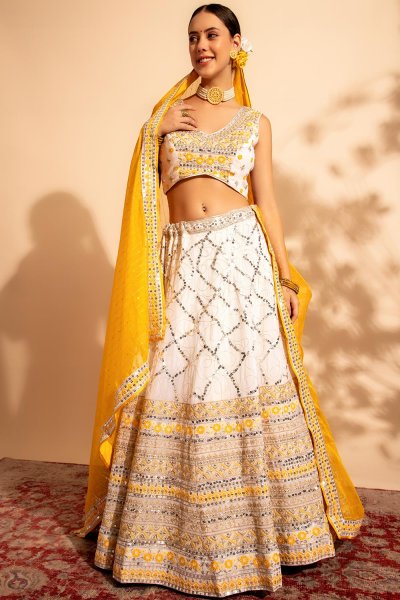 Ivory & Yellow Georgette Embroidered Lehenga Set