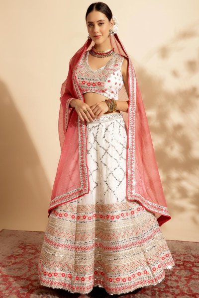 Ivory & Red Georgette Embroidered Lehenga Set