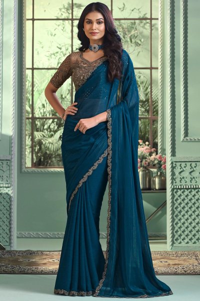 Prussian Blue Georgette Embroidered Bordered Saree