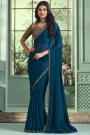 Prussian Blue Georgette Embroidered Bordered Saree