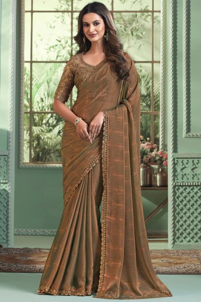 Gold Brown Georgette Embroidered Bordered Saree