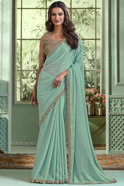 Mint Chiffon Embroidered Bordered Saree