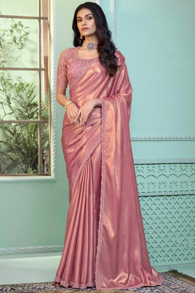 Metallic Blush Pink Georgette  Embroidered Bordered Saree